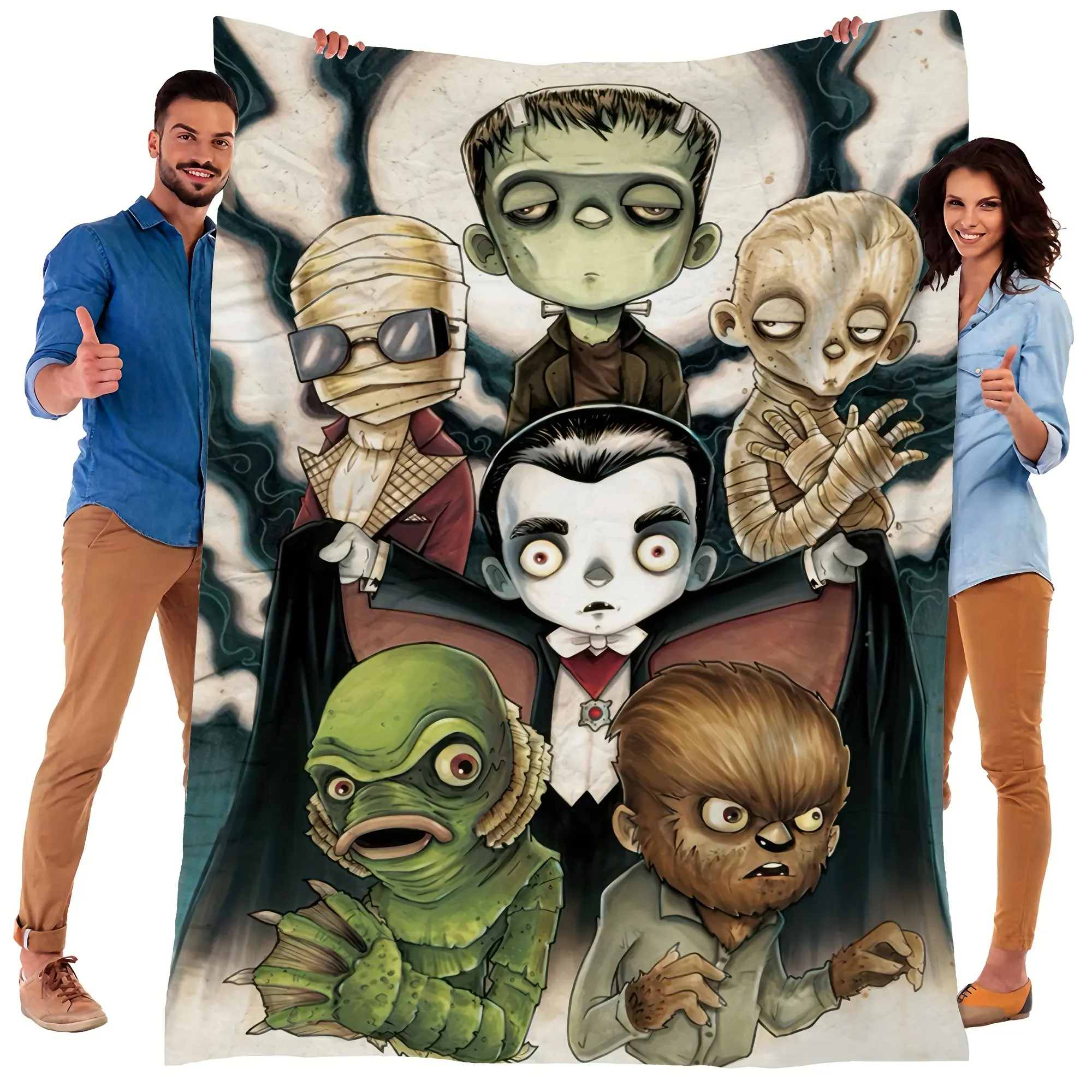 Universal Monsters Blanket Cute Cartoon Dracula Frankenstein Mummy Gillman Collage Flannel Throw Blanket Vintage Monster Art Home Decor Blanket