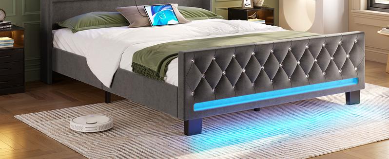 Queen Bed Frame with LED Light and Charging Station, Upholstered High Headboard and Footboard, Wood Slats, Noise Free, Easy Assembly, Grey