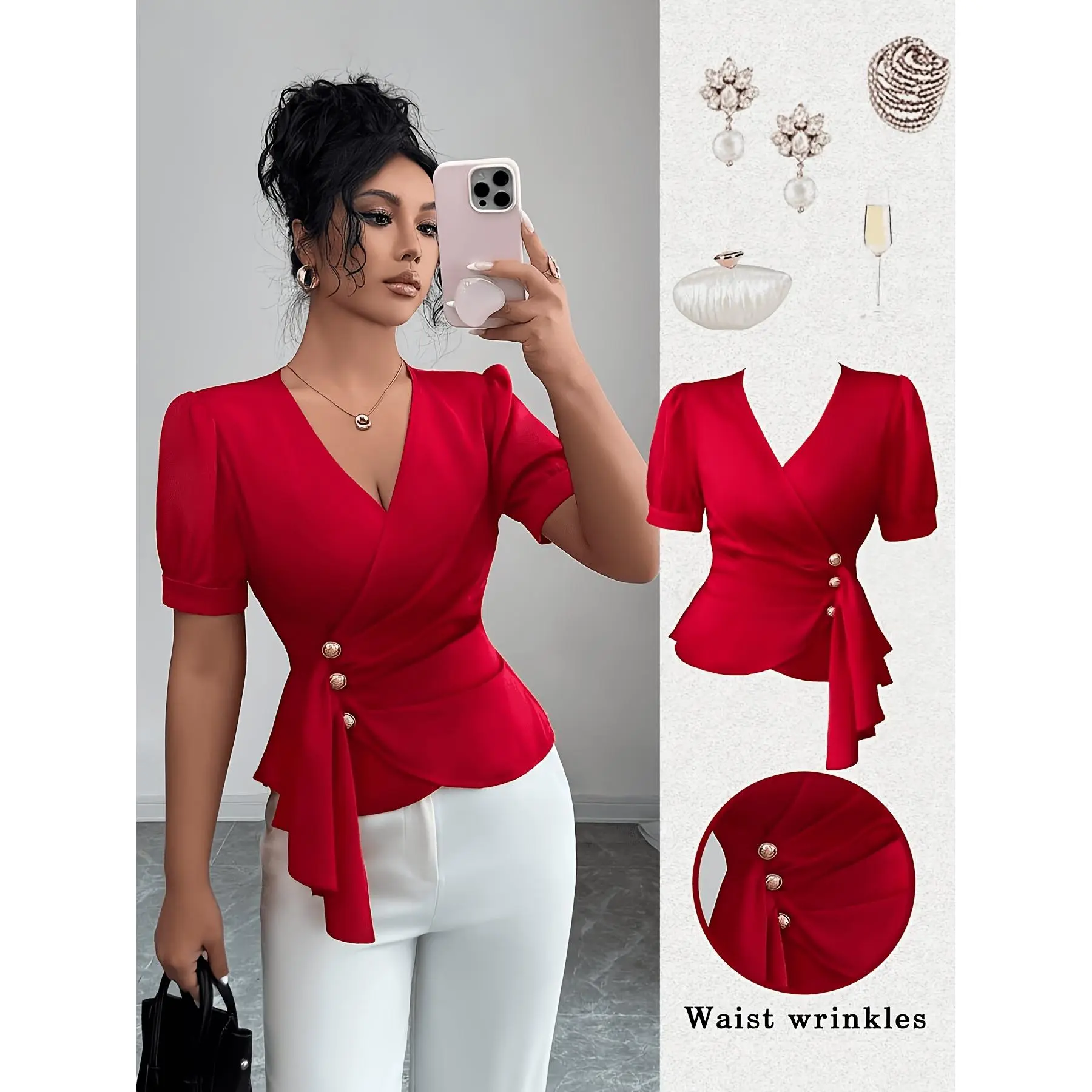 Elegant Solid-color Puff Sleeve Wrap Blouse, Suitable for Summer Work