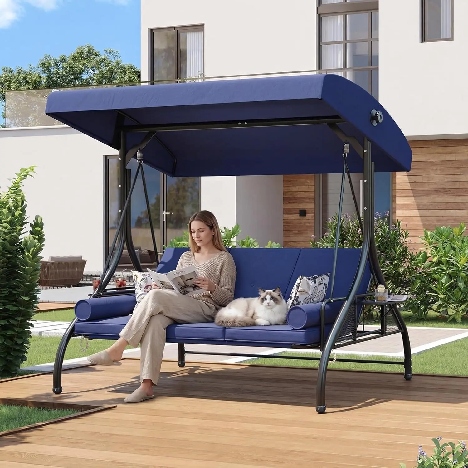 Bed Blue 3-seat Outdoor Porch Swing Stand Canopy Cup Holder for Bedroom, Convertible 2-in-1 Swing Bed for Adults, Patio Furniture for Garden & Balcony, Blue