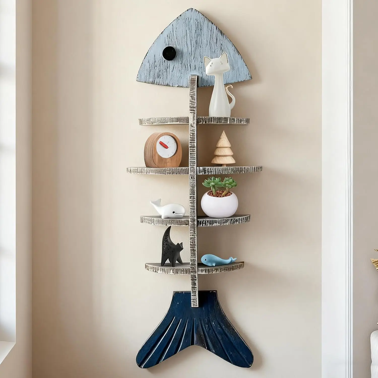 Wooden Fish Wall Shelf, Wood Fish Beach Decor Display Shelf, Nautical Coastal Style Wall - Mounted Organizer in Bedroom, Living Room, Lake House, Bathroom