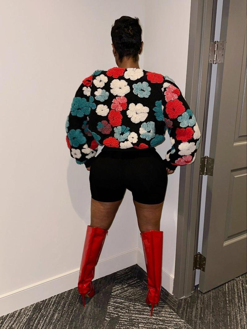 【Plus Size】 Floral Print Button Front Crop Jacket, Casual Long Sleeve Open Front Outerwear for Fall & Winter, Coat, Women's Clothes for Daily Wear, Clothing, Womenswear