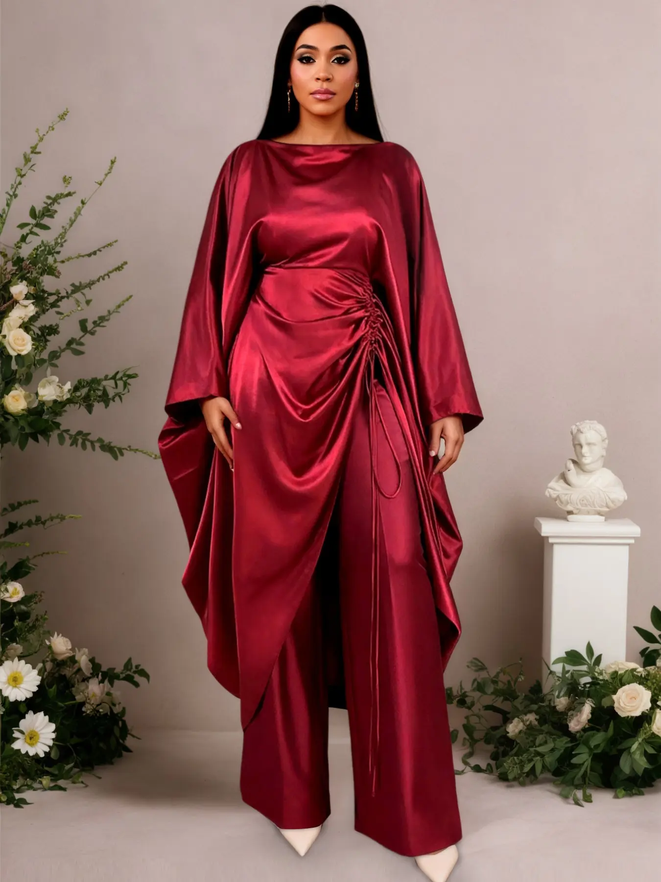 Women African Satin Two Piece Set Boat Neck Batwing Sleeve Ruched Cape Top High Waist Wide Leg Pants Party Church Dinner Spring Summer Outfit