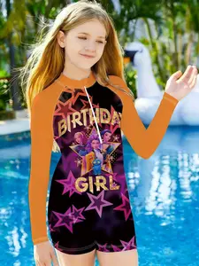 Girls' One-Piece Swimsuit, Birthday Girl Stars K-Pop Group Print, Beach Pool Quick-Dry Sun Protection Long Sleeve Swimwear