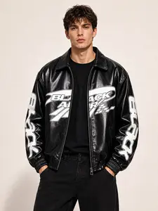 Men's jacket, retro motorcycle lapel leather jacket, men's zipper letter pattern men's PU leather jacket, casual jacket, motorcycle jacket