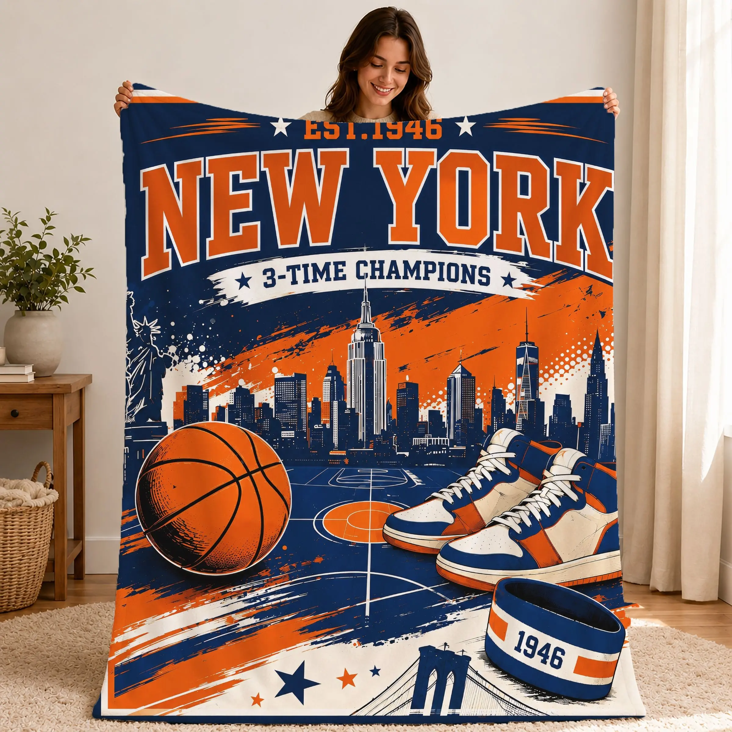1pc New York Vintage Basketball Cityscape Fleece Blanket, Retro Grunge Print of NYC Landmark, Basketball Sneaker & Champion Logo, American Street Sports Style. Soft Warm Blanket for Sofa, Bed, Office, Shawl, Camping, Great Christmas Gift.