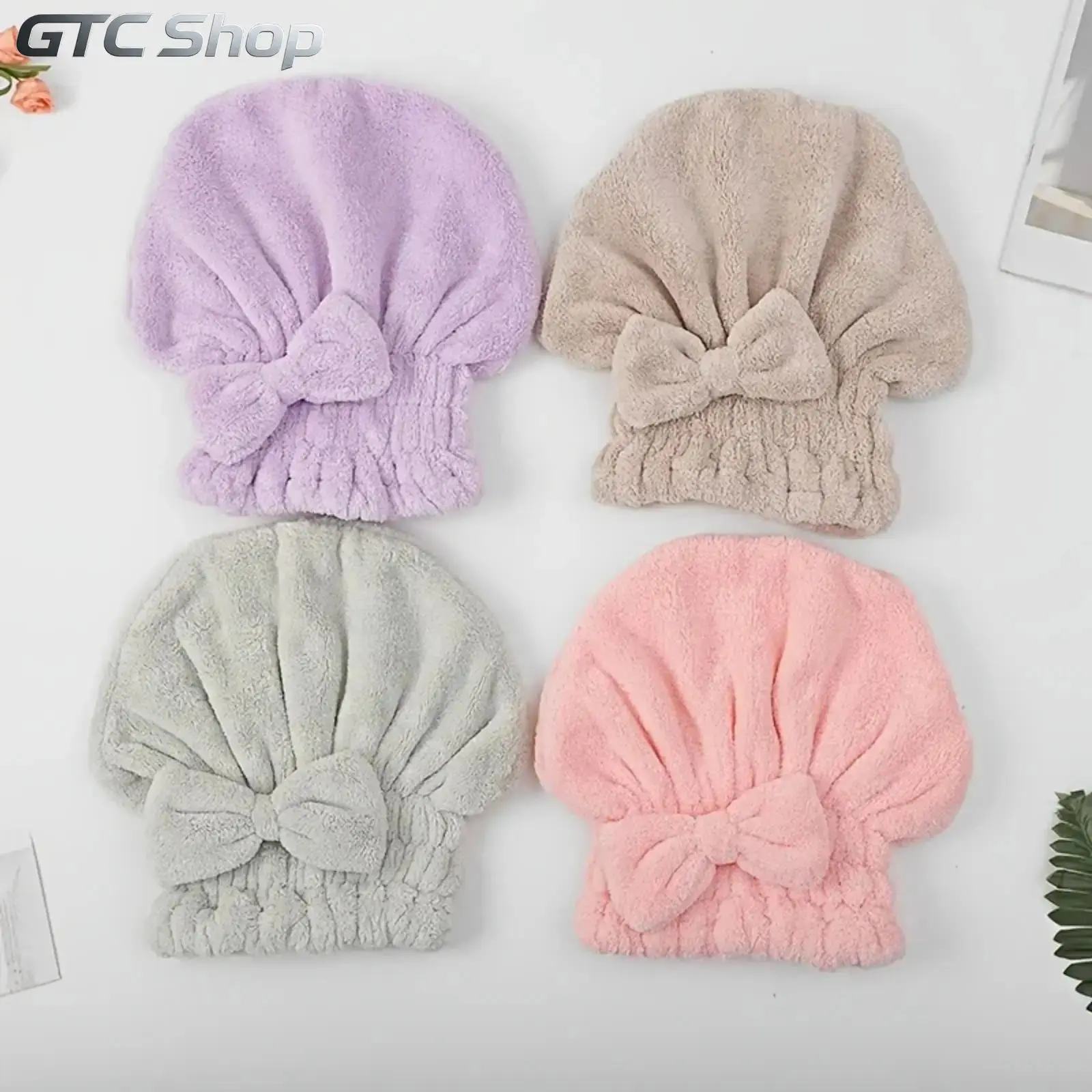 Women's 2-Piece/4-Piece Bow Decor Shower Caps & Hair Drying Cap Set, Soft Ultra-Absorbent Reusable Hair Towel Wrap, Camping Essential Self Care Products (Sports & Outdoor) summerwins