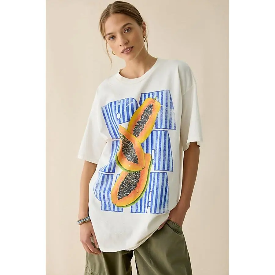 Women's Oversized Short Sleeve Cotton Graphic Tee - Bold Tropical Papaya Print, Round Neck, Soft Comfortable Women's Clothes for Daily Wear, Beach Vacation, Shortsleeve, Bold Print, Machine Wash, Premium Cotton, Relaxed, Softness, T-Shirt