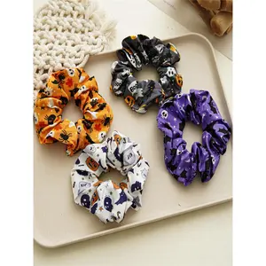 4pcs Women's Cute Halloween Themed Elastic Band Hair Scrunchies, 4 Counts/set Cute Hair Ties for Women & Girls, Colorful Trendy Novelty Goth Hair Accessories for Party Hairstyle Decor