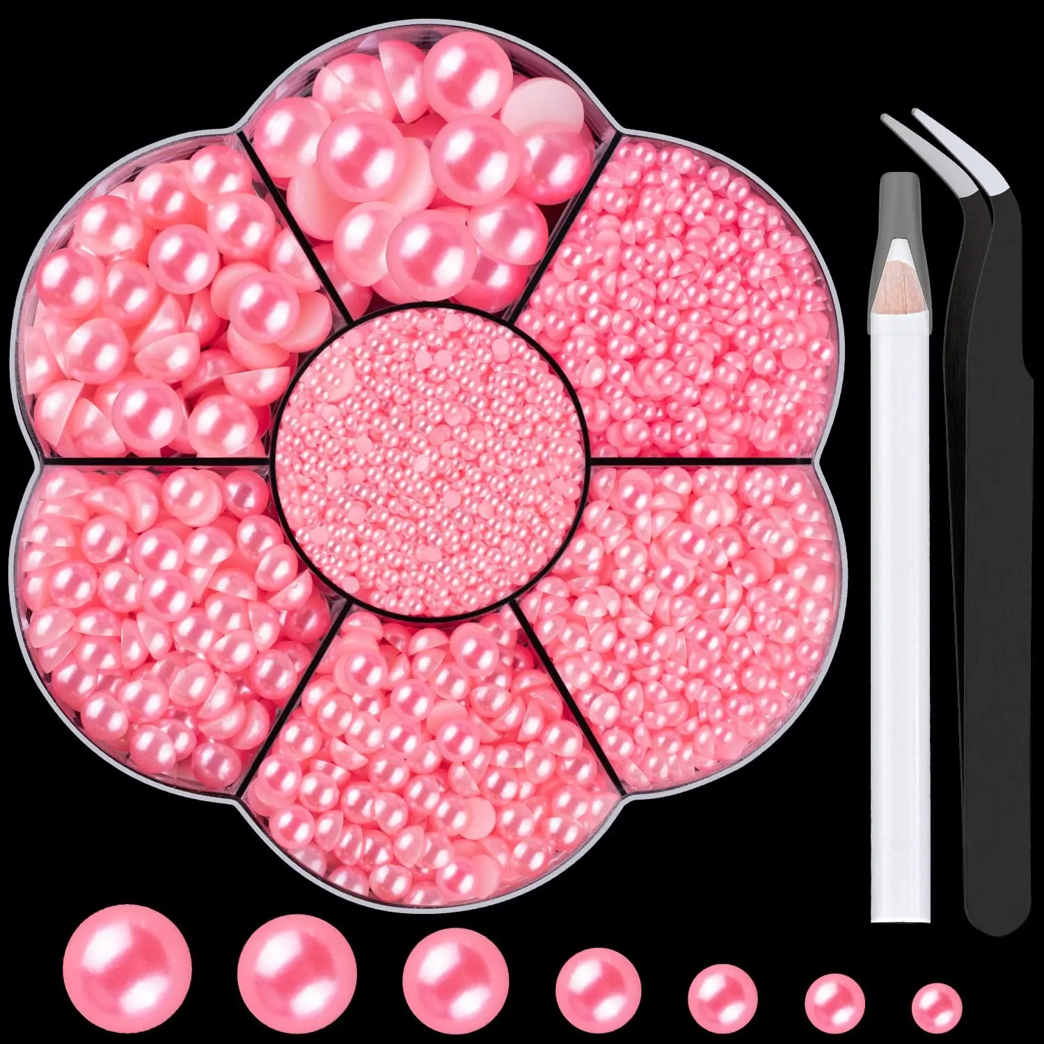 Nail Art Flat Back Pearl Set, Nail Art Accessories, 7 Sizes, 6000 Pearls, Includes Tweezers and Dotting Tool, Ideal for DIY Nail Art, Face Body Decoration, Craft Projects