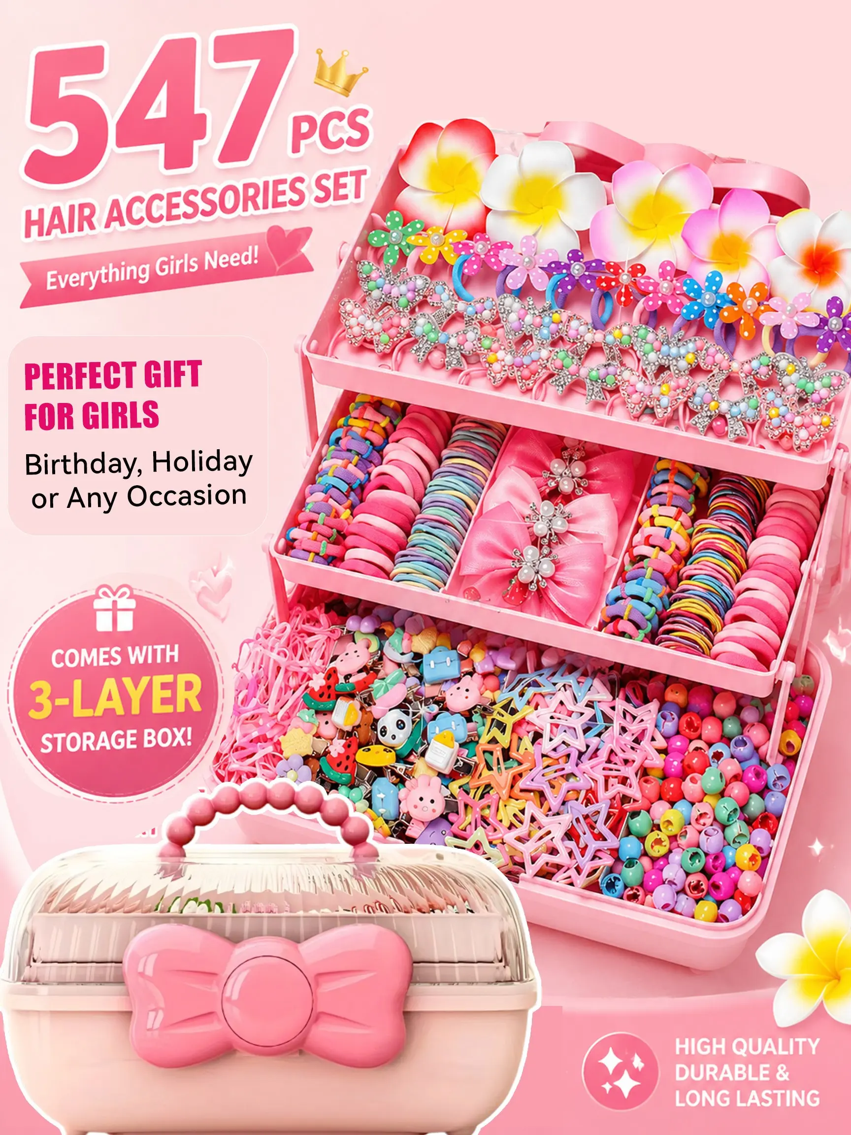 547pcs Little Princess Pink Hair Accessory Gift Box with 3-Layer Storage Box. Includes Flower, Bow & Star Cartoon Clips, Soft Elastic Ties, Disposable Rubber Bands, Ponytail Accessories. A Colorful Gift Set – Perfect for Little Girls' Birthday Parties