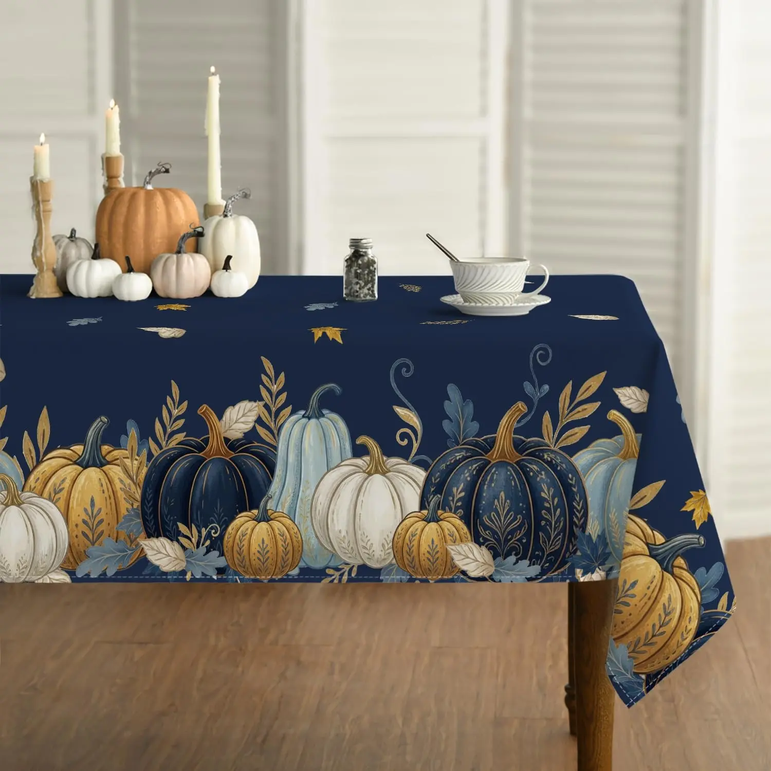 Autumn Tablecloth 70x70 Inches Rectangular, Gold Trim Pumpkin Blue Maple Leaf, Party Picnic Dinner Decor, Thanksgiving Tablecloth