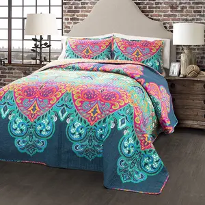 Boho Chic Reversible  Quilt 3- Set, , Turquoise & Navy - Bright Paisley Print,  & Colorful Bohemian Bedding Set