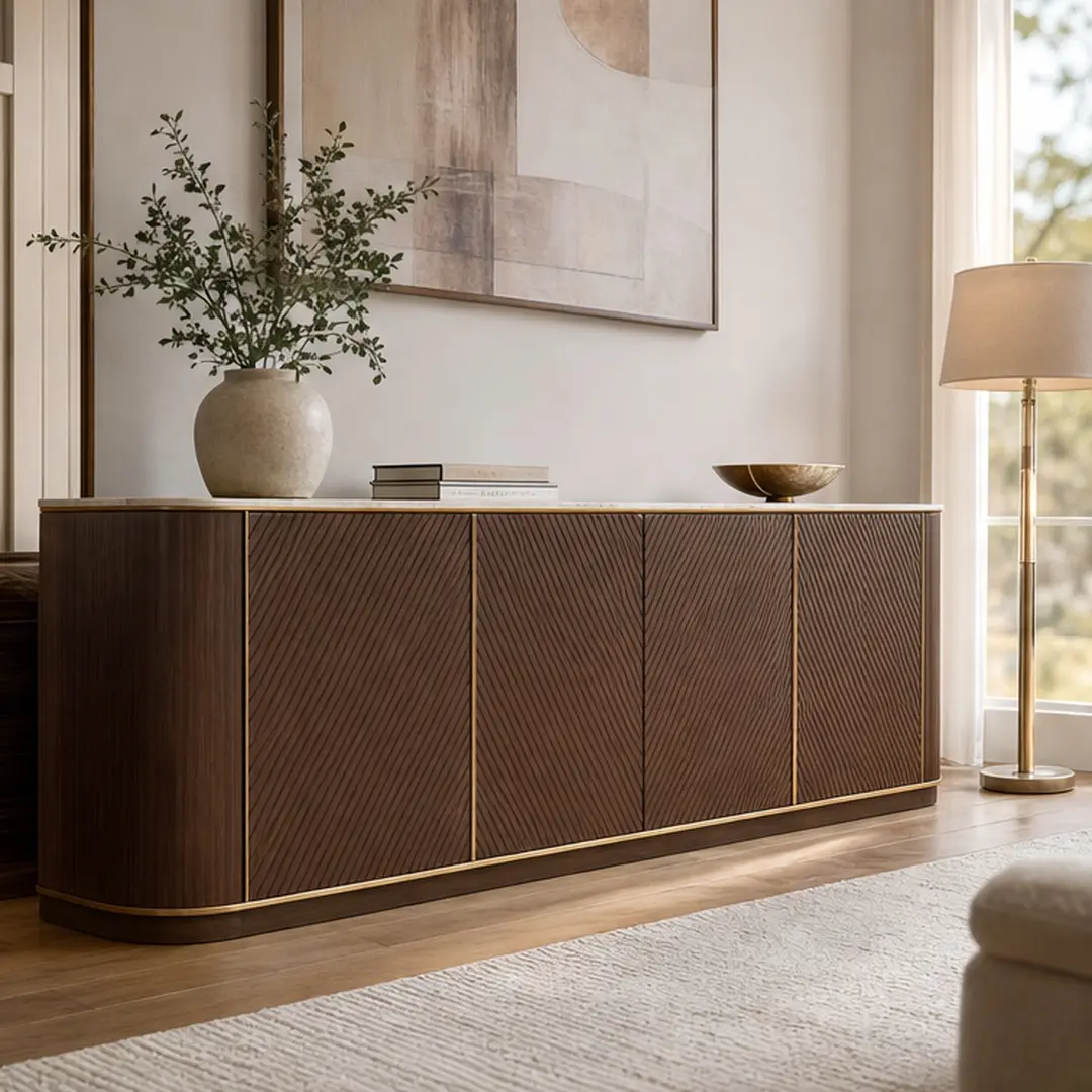 ARCH 63" Diagonal Fluted Sideboard Cabinet with Storage, 4-Door Buffet Credenza TV Stand with Gold Trim, Faux Marble Top Console Table, Modern Dining Room Living Room Cabinet, Walnut/Black Options, Black+Gold/Brown+Gold Color Options, 17.80" W X 63.00" D,
