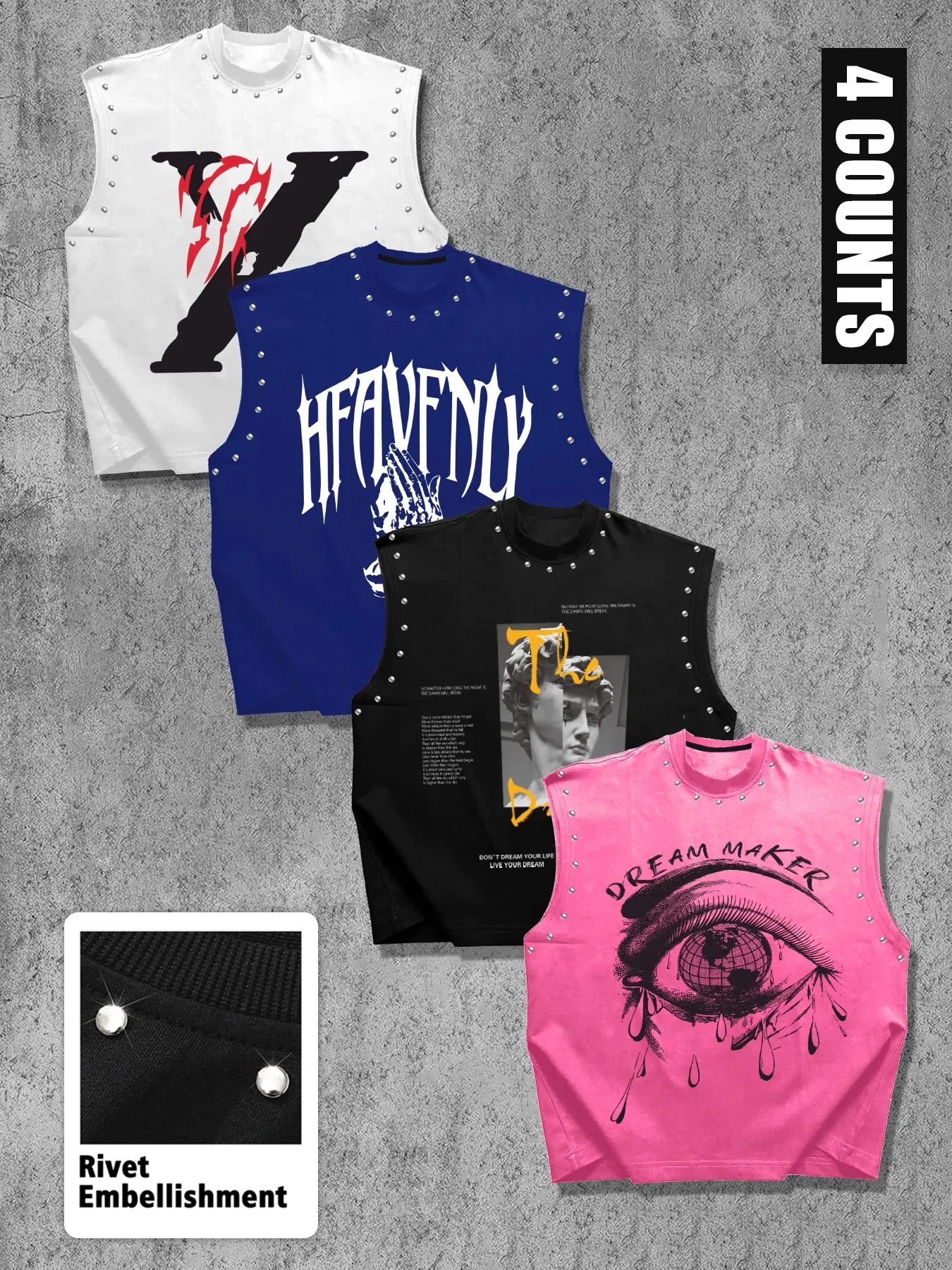 Men's Retro Gothic Hip Hop Sleeveless Vest Set, Slogan Print, Rivet Decor, Loose Fit, Sweat-Wicking, Casual Wear, All Seasons