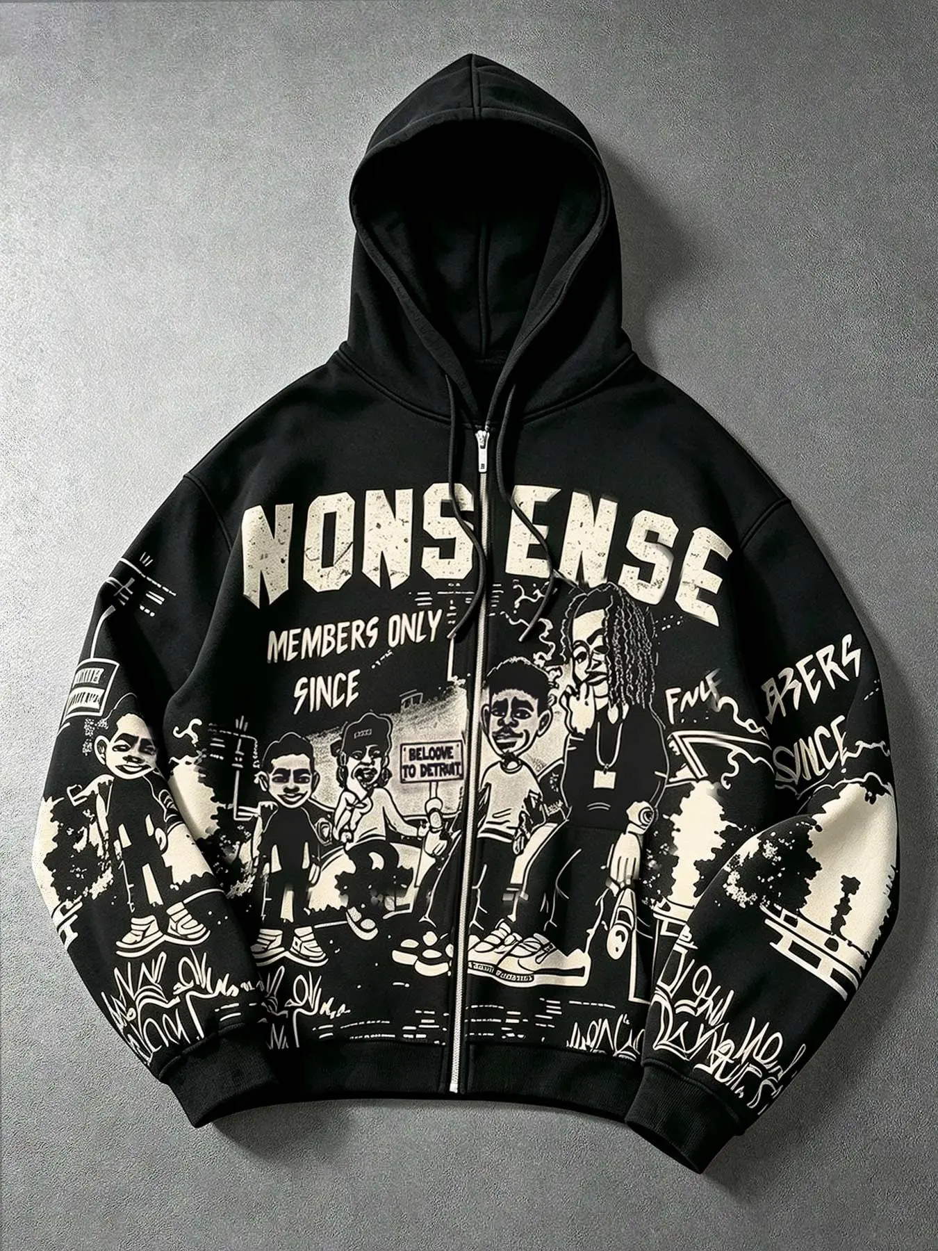 NONSENSE Hip Hop Hoodie Cartoon Portrait Zipper Hoodie Sweatshirt Men's Street Loose Long Sleeve Hooded Sweatshirt Unisex Vintage Retro Print Autumn and Winter Velvet Warm Jacket Jacket Men American Hip Hop Punk Rock Zipper Sweatshirt Y2K Style
