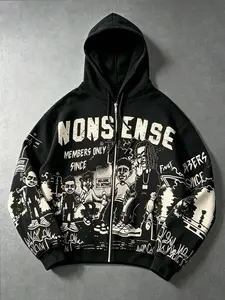 NONSENSE Hip Hop Hoodie Cartoon Portrait Zipper Hoodie Sweatshirt Men's Street Loose Long Sleeve Hooded Sweatshirt Unisex Vintage Retro Print Autumn and Winter Velvet Warm Jacket Jacket Men American Hip Hop Punk Rock Zipper Sweatshirt Y2K Style