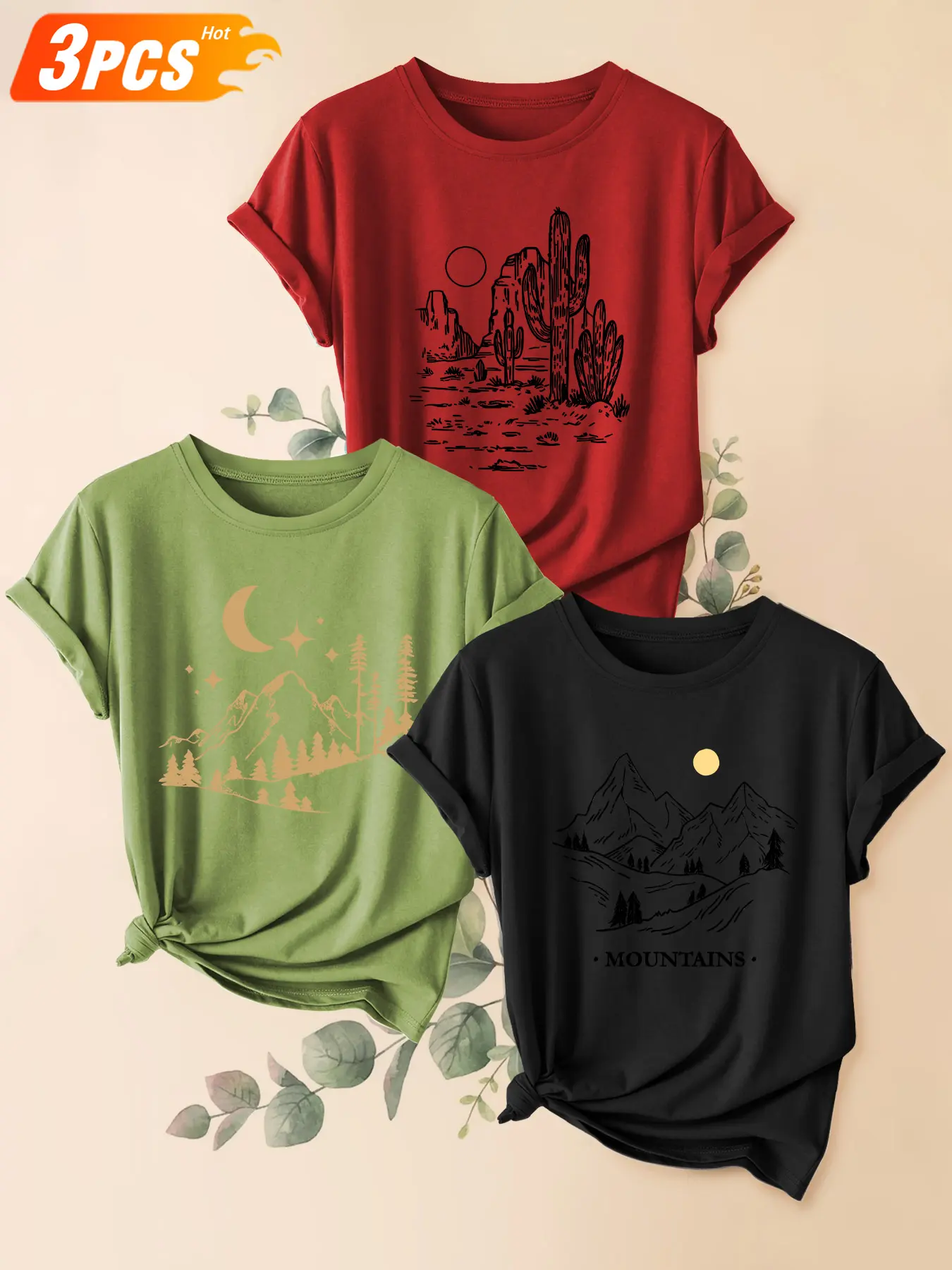 3Pcs Women Crew Neck T-Shirt, Minimal Line Print Of Mountain Desert Outdoor Scenery, Multi-color Available, Machine Washable, Soft Skin-friendly Spring Summer Daily Stylish Top