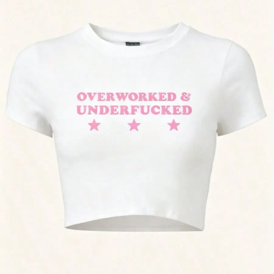 Unity Women's Y2K Pink Letter Print Crop Top For Summer OVERWORKED UNDERFKED Graphic Tees Women Tops2026graphic T Shirts,
