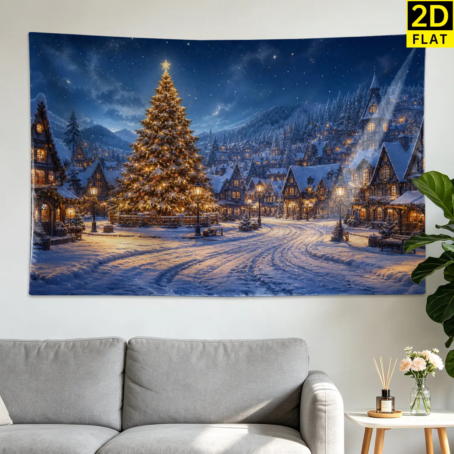Christmas Tree Winter Snowy Village Nightscape Wall tapestry,Large size Printed Horizontal Tapestry blanket,Polyester Fabric Wall Hanging for living room,bedroom,No Installation Required,Indoor,Outdoor,Gift for Family and Friends
