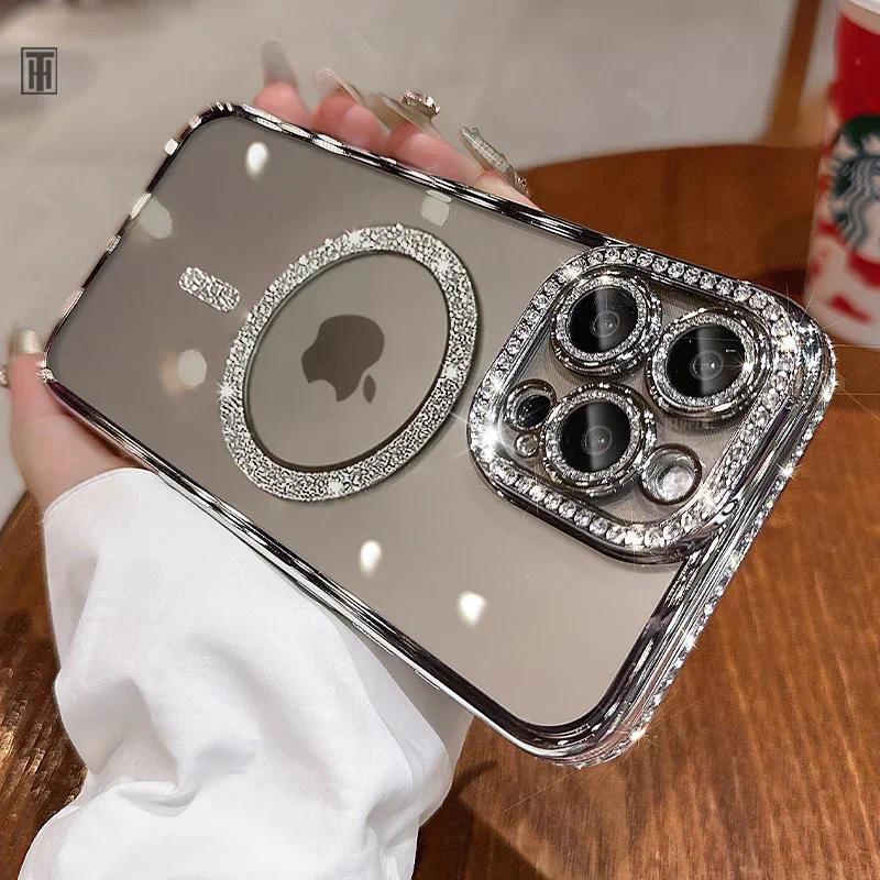 Luxury Bling Crystal Lens Film Phone Case For iPhone 15 11 12 13 14 Pro Max Plus Magsafe Magnetic Wireless Charging Clear Cover