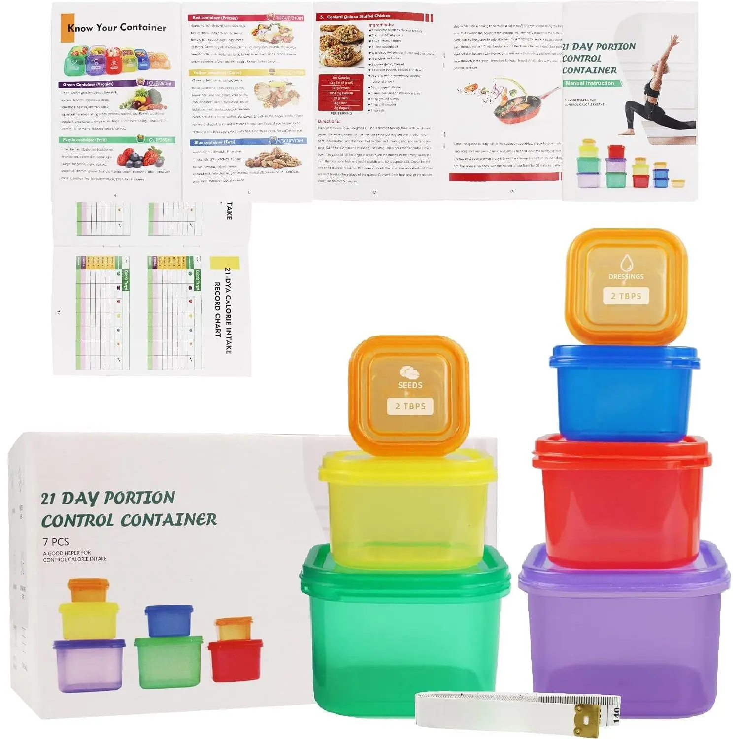 21 Day Portion Control Container Kit, 7- | 21 Day Fix Containers, Bariatric Meal Prep Containers, Portion Control Snack Containers with Complete Guide,
