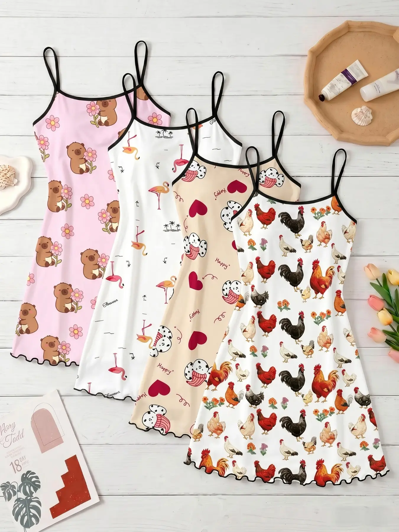 4-Pack Animal Print Nightdresses for Women, Sleeveless Slim-Fit Sleepwear, Loungewear, Breathable Summer Pajamas, Sweet Style Home Essentials