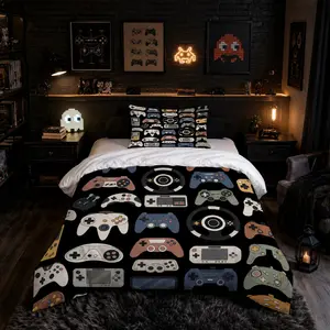 2/3PCS Retro Game Controller Print Duvet Cover Set, American Vintage Gamer Style Bedding, No Comforter & Pillow Insert, HD Digital Printed Soft Bed Set for Teen Boys, Gaming Lovers Bedroom, Dorm Decor & Birthday Holiday Gift