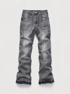 Men's Micro Flare Jeans, Loose-Fitting Button Fly Denim, Solid Color Y2K Style, All-Season Wear, Washed Fabric, Patchwork Design