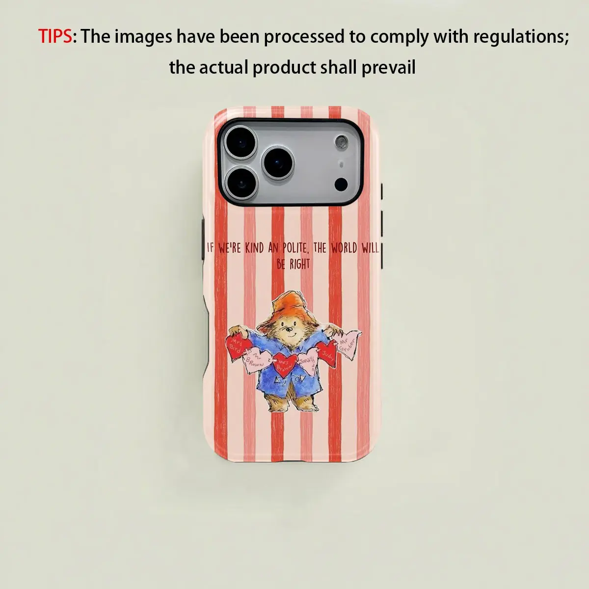 Paddington Bear Heart Striped Phone Case, Shockproof Dual Protection, Fits iPhone 17-11 Pro Max/pro/plus, Festive Gift, Fashionable Design