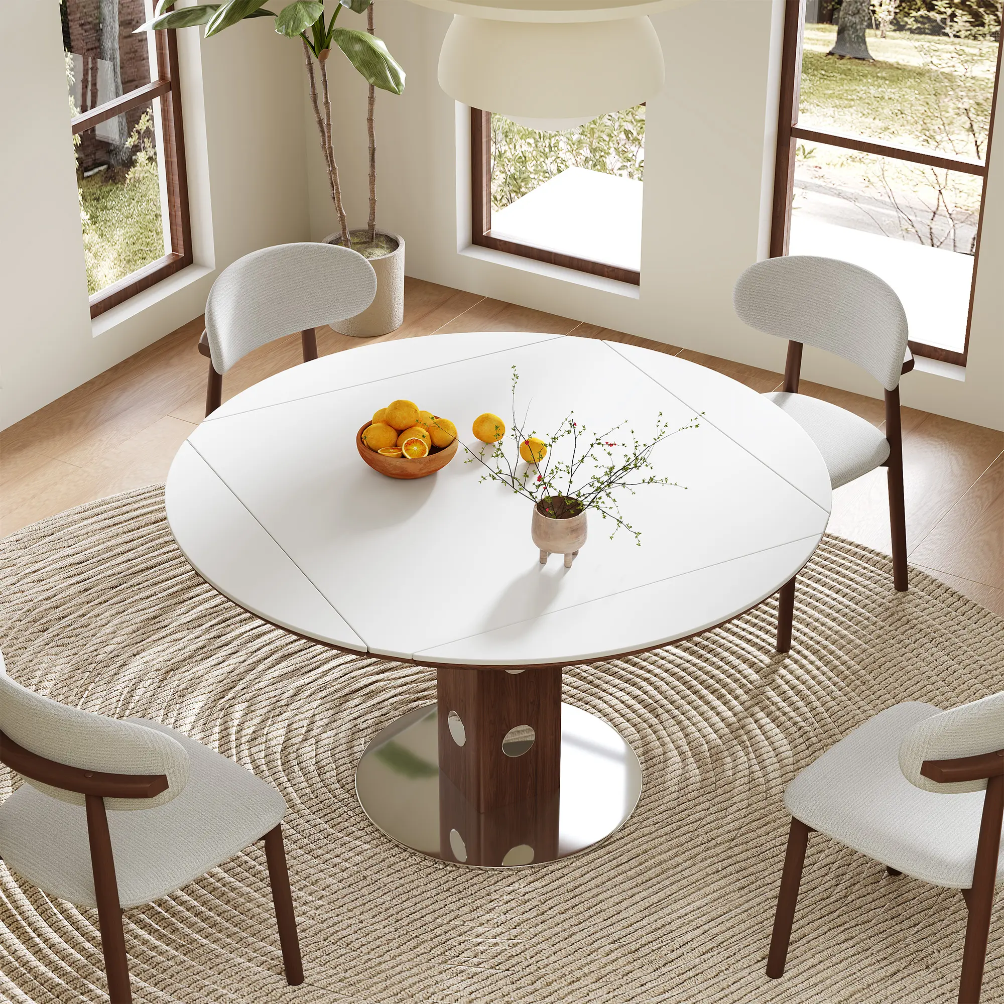 Nokaa 47.2" Extendable Round Dining Table for 4-6 People, Drop Leaf Folding Kitchen Table, White Sintered Stone Top with Walnut Wood Pedestal Base, Space-Saving Mid-Century Modern Design for Small Apartments Dining Room, Easy Assembly
