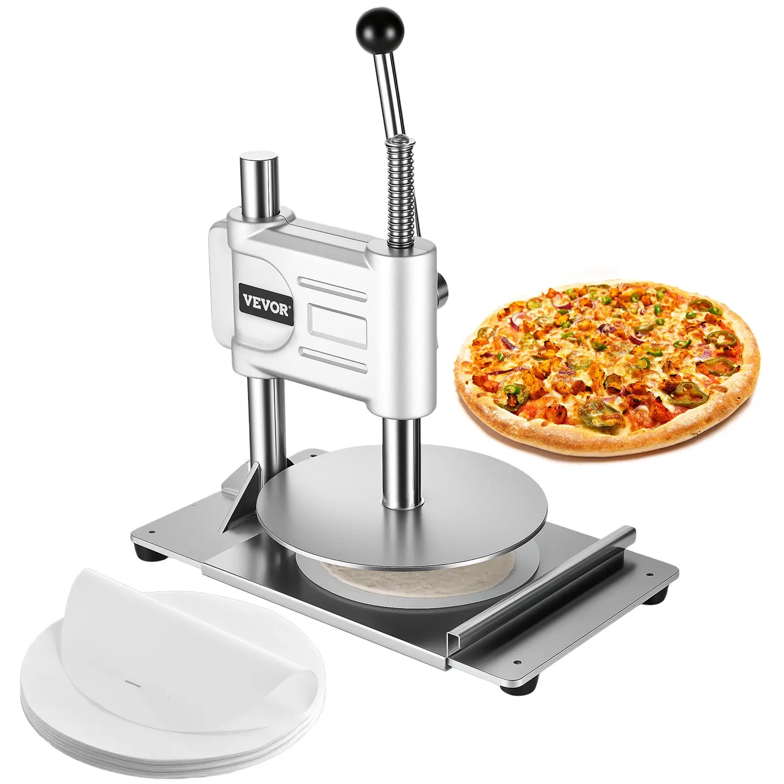 【DealsForYouDays】VEVOR Manual Pizza Dough Press Machine, 9.5 inch Pizza Pastry Press Plate, Stainless Steel Bread Presser, Commercial Chapati Sheet Crust Maker, Forming Machine with Handle and 100 Pcs Parchment Paper
