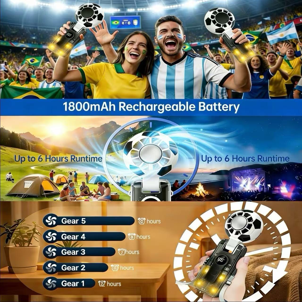 World Cup Compact Portable Handheld Cooler Fan Featuring Soccer Pattern Design & Adjustable Neck Strap, Integrated LED Light, 3600mAh Rechargeable Battery, Ideal for World Cup, Travel, Outdoor Sports, Office and Holiday Gifting
