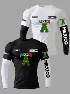Men's 2 Piece Set Faux Two-Piece Sports Shirts, Athletic Fashion Activewear, Athleisure Street Fit, Soft Micro-Elastic Polyester Fabric, Mexican Theme Letter Flag Print, Comfortable Long Sleeve Tee, Sports Clothing Set, Casual Sportswear