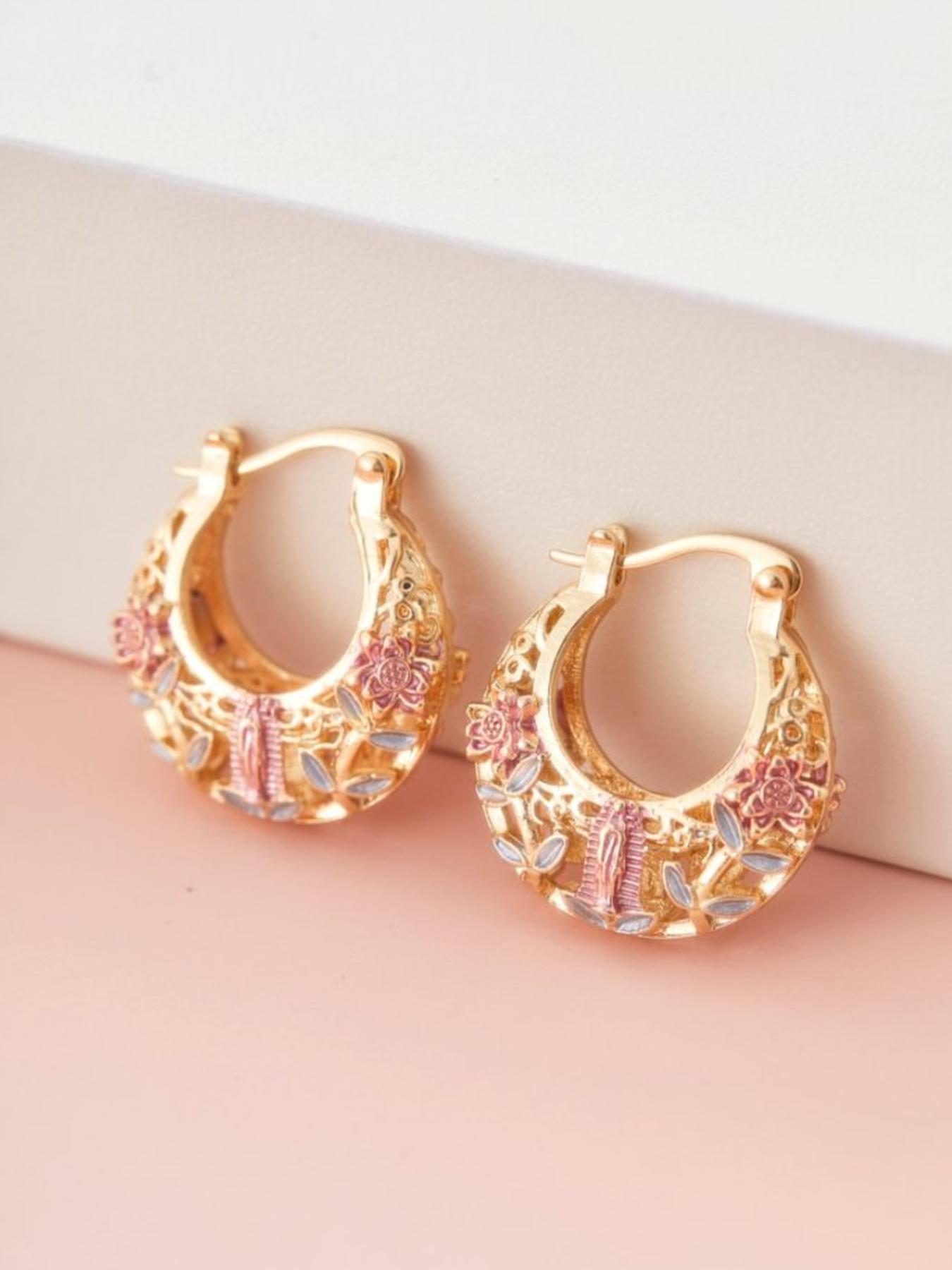 Vintage Flower Design Hollow Out Hoop Earrings, Fashionable Jewelry Accessories for Women, Trendy All-match & Exquisite Jewelry for Birthday Gift, Trendy Jewellery Accessories