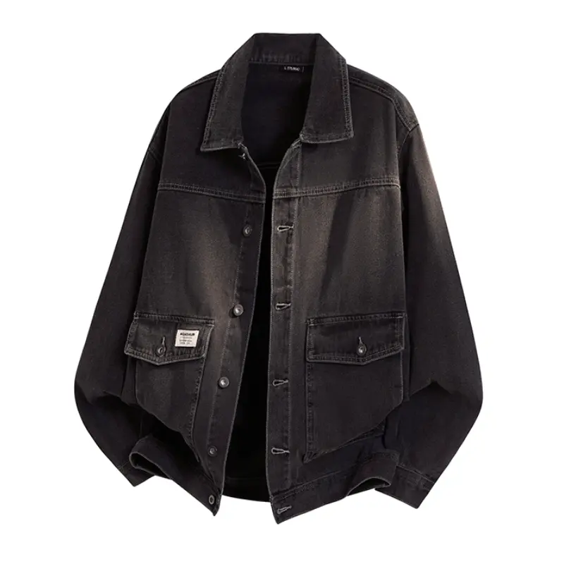 Men's Washed Black Lapel Denim Jacket For Spring & Autumn, Vintage Workwear Style, Washed Finish, Dual Large Flap Pockets, Drop Shoulder Cut, Rugged Silhouette, Versatile And Durable, Suitable For Daily Commute And Street Outings