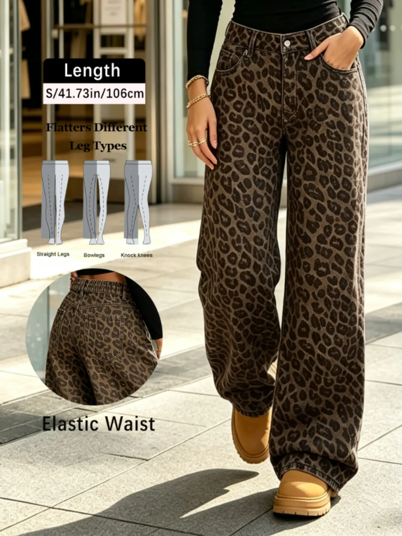 New Women's Vintage Leopard Print Loose Jeans, Slimming High Waist Elastic Back Casual Long Pants, Essential for All Seasons