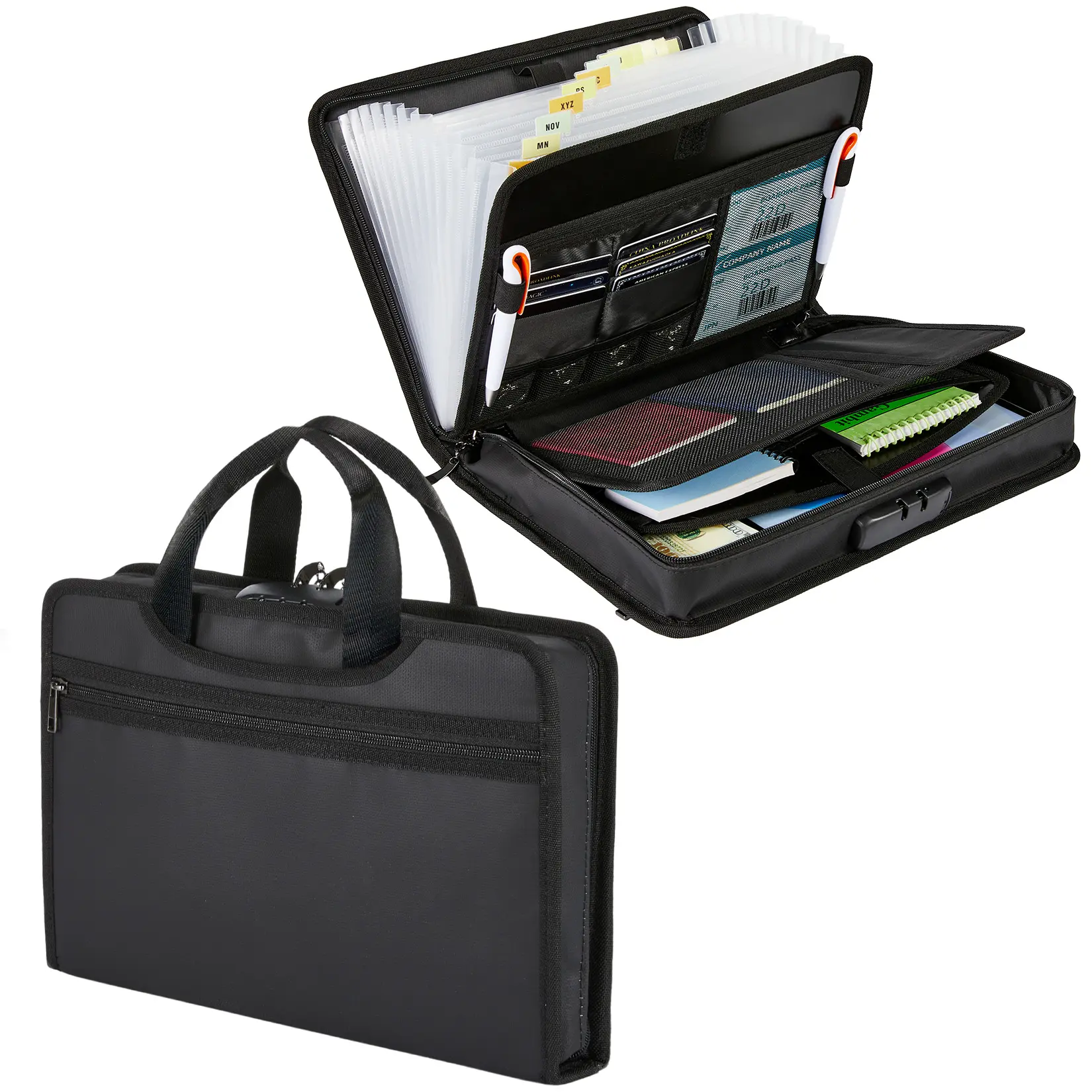 Expandable Document Organizer Bag with Lock & Handle, Accordion File Folder Case, Fire-Resistant Document Holder