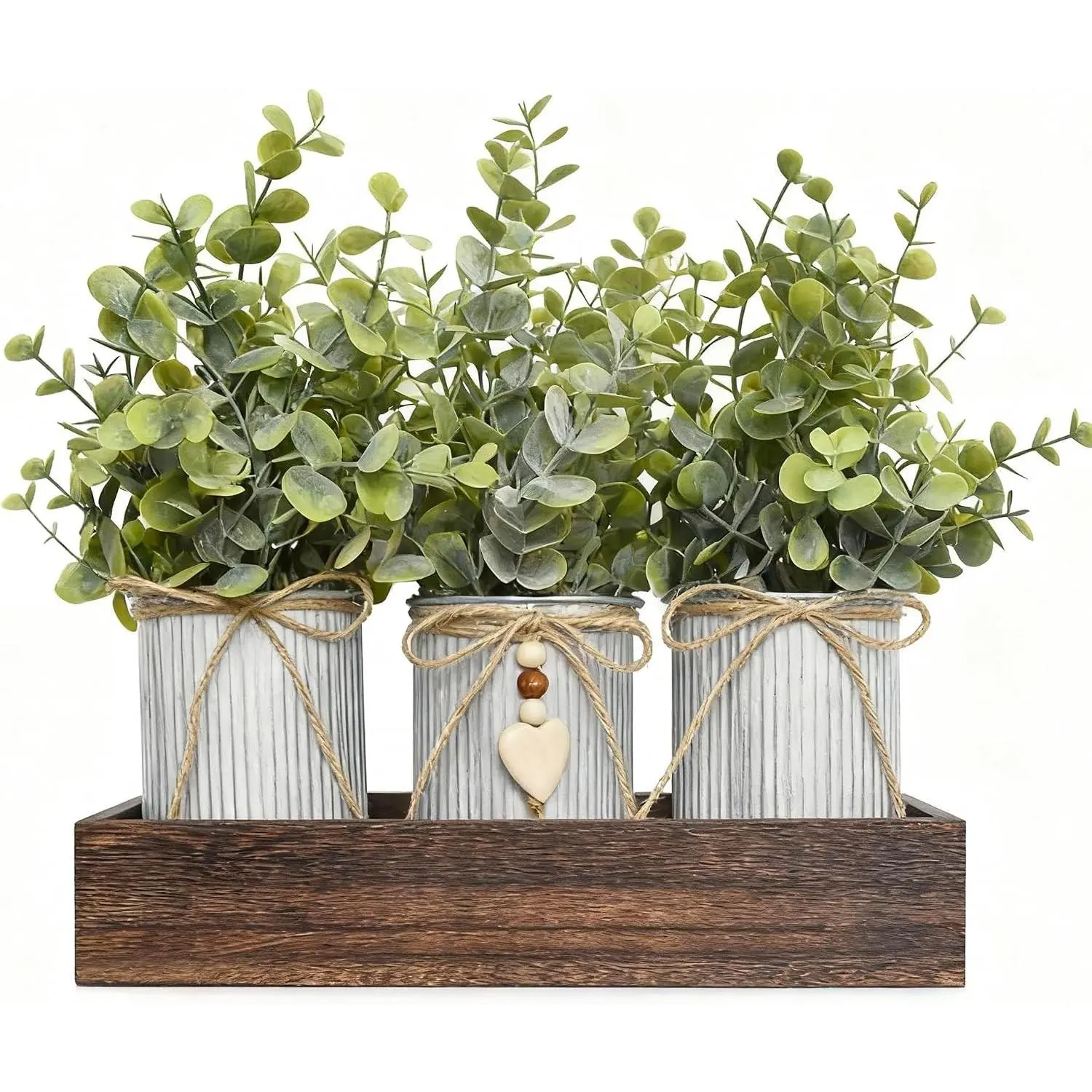 Frosty Green Eucalyptus Artificial Flower Centerpiece with 3 Rustic Metal Pots and Wood Tray for Farmhouse Home DecorGift