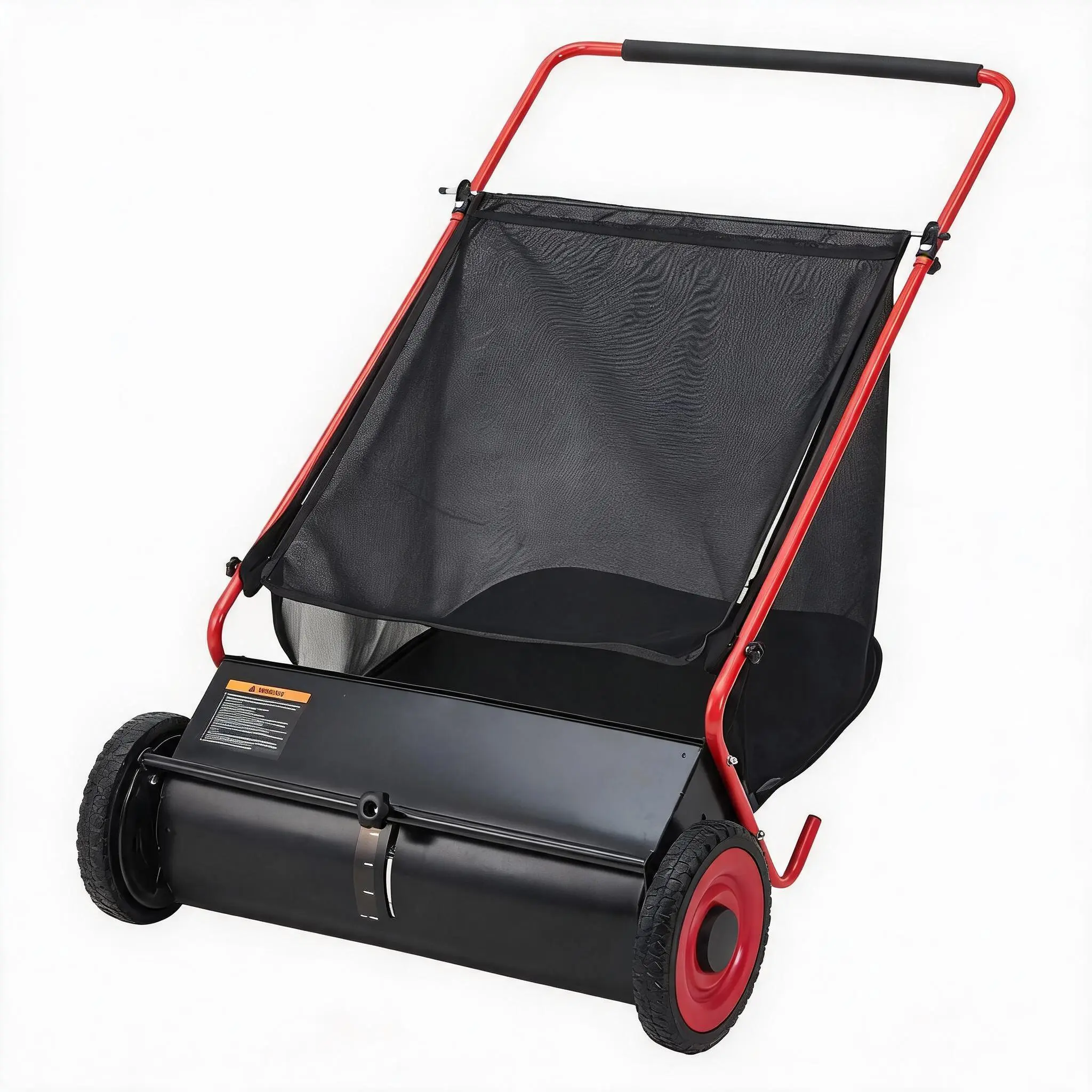 Hosslly 26-Inch Turf Compatible Push Sweeper - 26" Width/Sweeping Width, 7 Cu.ft. Container Bag, Advanced V-Shaped Brush System, 10-Level Adjustable Brush Height, Durable Steel Frame, Rubber Tires, Leaf & Grass Collector for Turf/Driveway, Red+Black