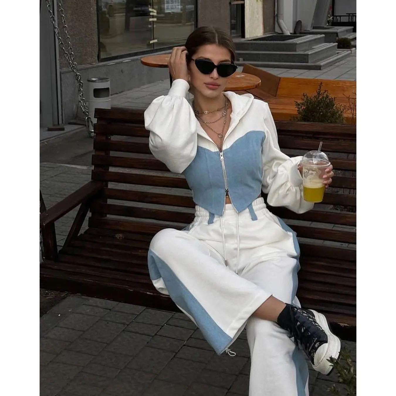 Women's Denim Patchwork Hooded Set, Cropped Zip Up Hoodie & High Waist Drawstring Wide Leg Pants, Casual Two Piece Outfit for Commute, Home, Party, Travel