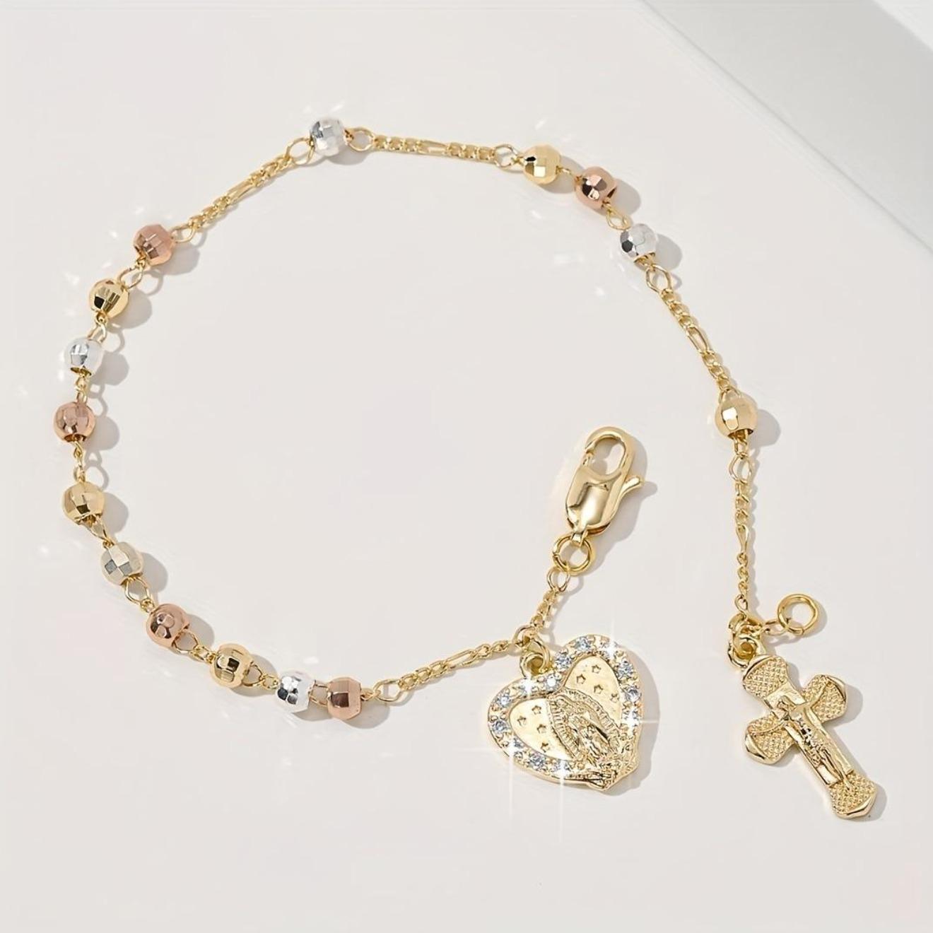 2026 Best-Selling Cross & Heart Bracelet—Featuring Micro-Set Tri-Color Octagonal Beads. This "Light Luxury" Gold Jewelry Piece is the Ultimate Gift for Mothers and Girlfriends—A Perfect Selection for Mother's Day.