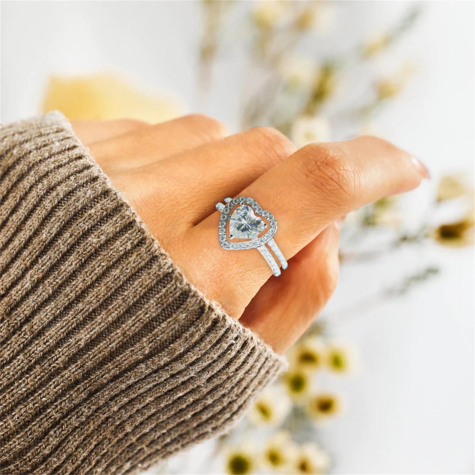 Unique Zircon Heart-Shaped Multifunctional Ring Set with Diamonds, Women's Ring Gift for Wedding Anniversary or Birthday