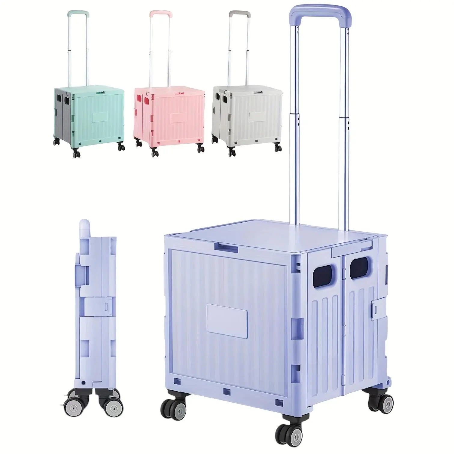 Heavy-Duty Foldable Utility Cart with 360° Swivel Wheels, Collapsible Telescoping Handle, Light Purple Plastic Rolling Crate for Shopping, Moving, Travel, Office - Durable and Portable, Utility Wagon, Versatile Storage Solution, Sturdy Construction