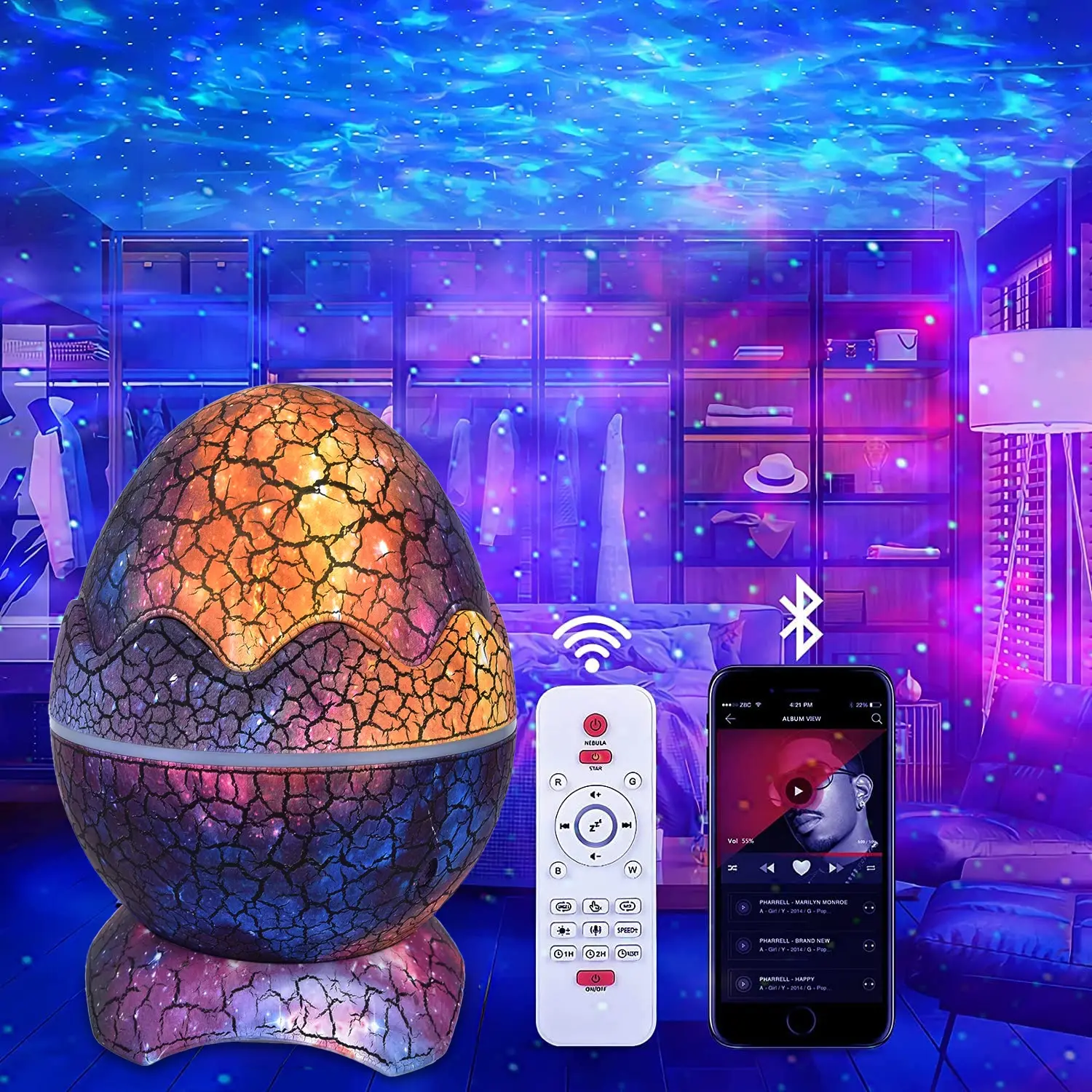 Dragon Egg Star Projector Adjustable Angle Noise Bluetooth-compatible Night Light Projection Lamp with Remote Control for Kids Adults Home Cinema Ceiling Room Decor