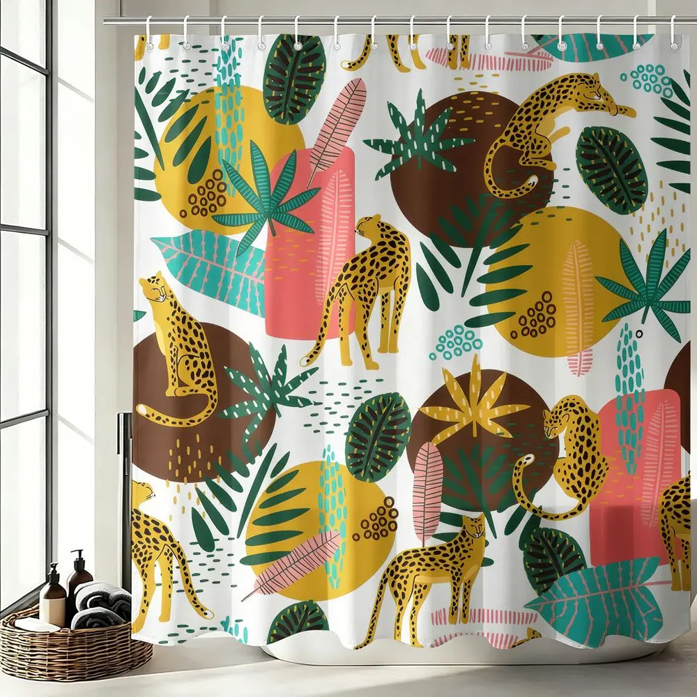 1Pcs Boho Leopard Print Shower Curtain Tropical Jungle Bathroom Decor Set Waterproof Cloth Fabric Bathtub Privacy Curtain Modern Abstract Animal Leaf Art Aesthetic Home Bathroom Accessories with 12 Hooks