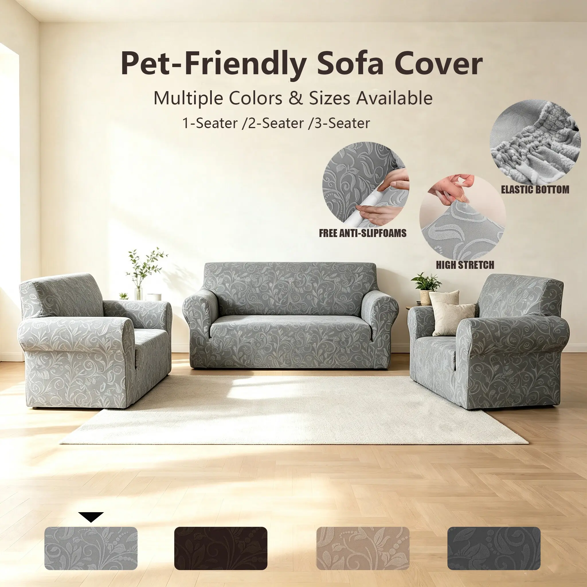 220GSM Thick Fabric Jacquard style one-piece sofa cover, high elasticity fit, fully wraps your sofa, comfortable and breathable fabric, pet friendly, perfect choice for home decoration.
