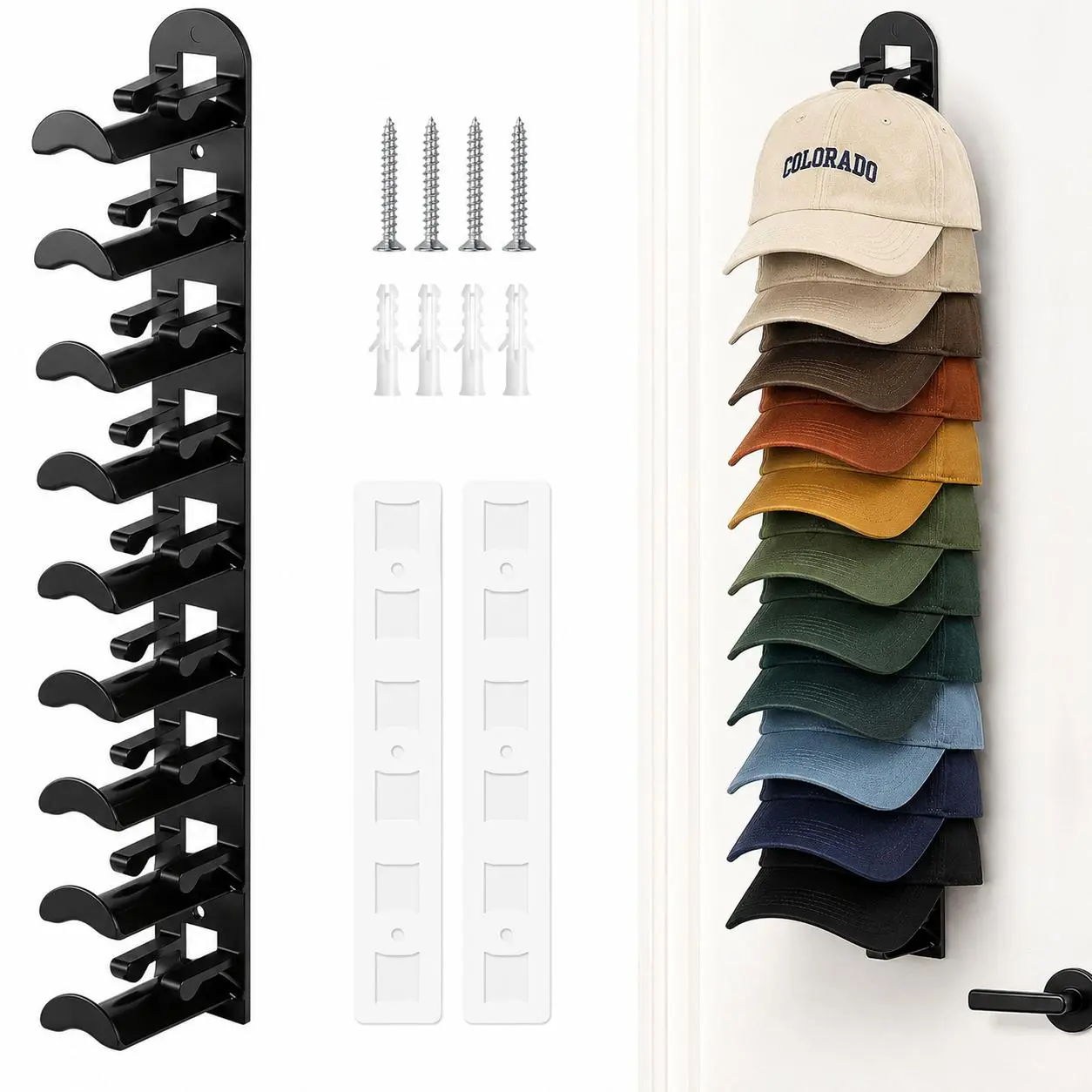 1-Pack Wall-Mounted Hat Organizer for Baseball Caps, Holds Up to 10 Hats, Space-Saving Cap Rack with Strong Adhesive & Screw Mounting, Hat Holder for Closet, Door, Bedroom & Entryway, Black