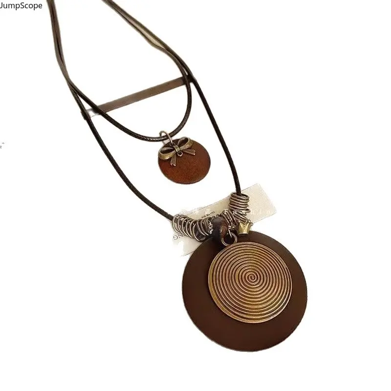 Women's Vintage Boho Ethnic Layered Wrap Cord Sweater Necklace - 3 Styles, MDF+Steel Wood Feather Star Spiral Disc, Adjustable Rope Sliding Pendant, Fall Leisure Statement Jewelry, Disc Shape