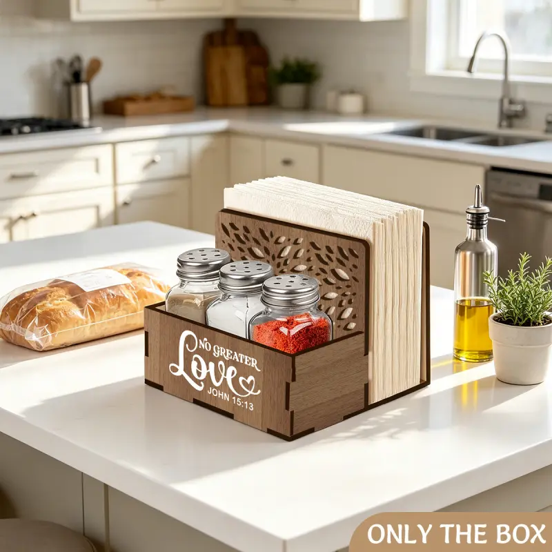 1 Set New Wooden Napkin Rack with Storage Box, Farmhouse Style Hollow Design, Upright Tissue Holder, Kitchen Desktop Organizer, Desktop Clutter Storage Basket Shelf, Suitable for Dining Table, Kitchen, Living Room